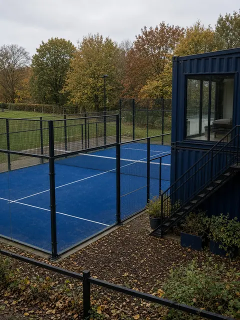 Outdoor blue padel courts next to a converted shipping container clubhouse in autumn