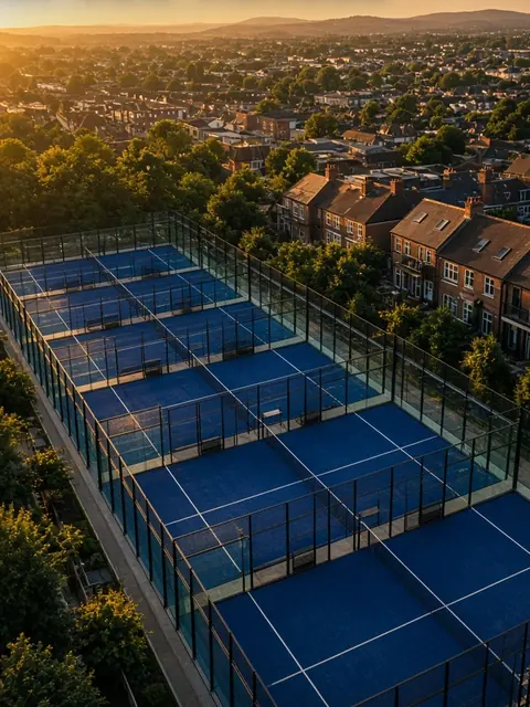 Aerial view of a row of blue padel courts beside houses at sunset