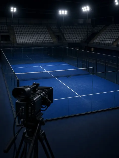 A floodlit indoor padel court with empty stands and a TV camera in the foreground