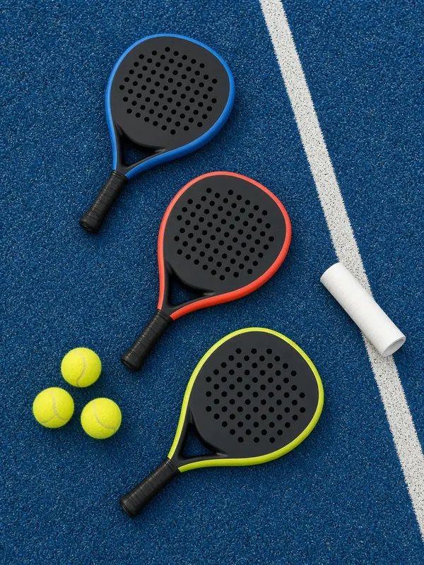 Three padel rackets with round and teardrop heads, balls and an overgrip on blue court turf
