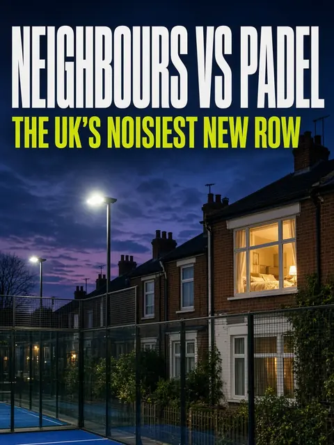 Off The Glass graphic: Neighbours vs Padel, the UK's noisiest new row, over a court beside houses at dusk