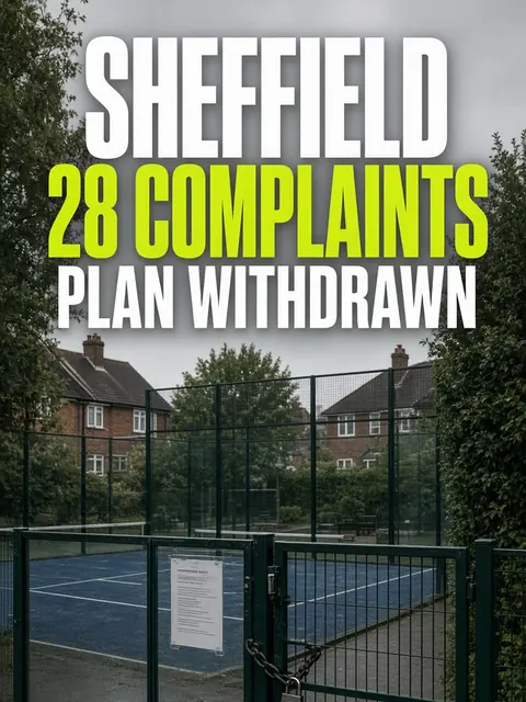 Off The Glass graphic: Sheffield, 28 complaints, plan withdrawn, over a fenced court with a locked gate