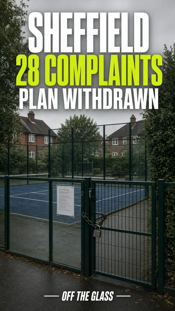 Off The Glass graphic: Sheffield, 28 complaints, plan withdrawn, over a fenced court with a locked gate