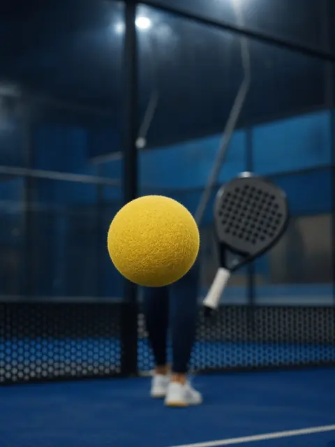 A yellow padel ball in mid-air in front of a player and racket on a floodlit blue court